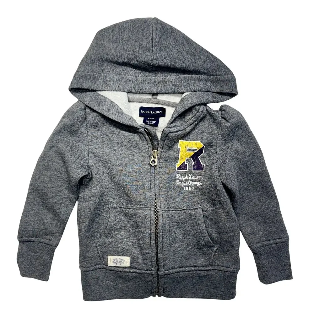 Ralph Lauren Hoodie 2/2T Toddler Gray Sweatshirt Full Zip League Champs Fleece